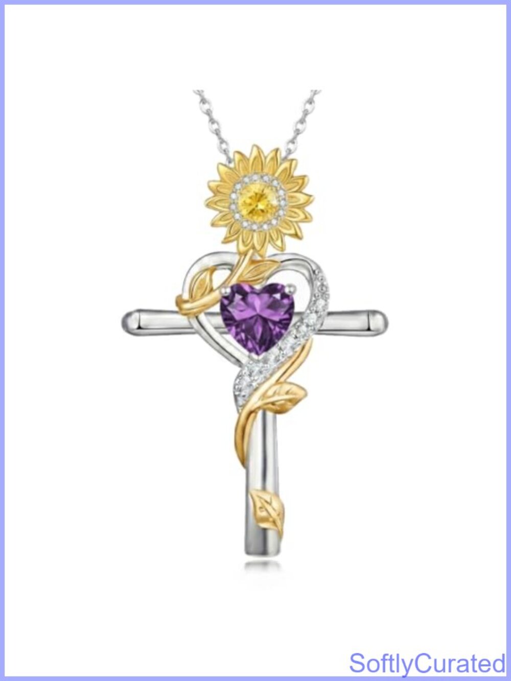 Sunflower Cross Necklace Two-Tone Pendant with Amethyst Birthstone